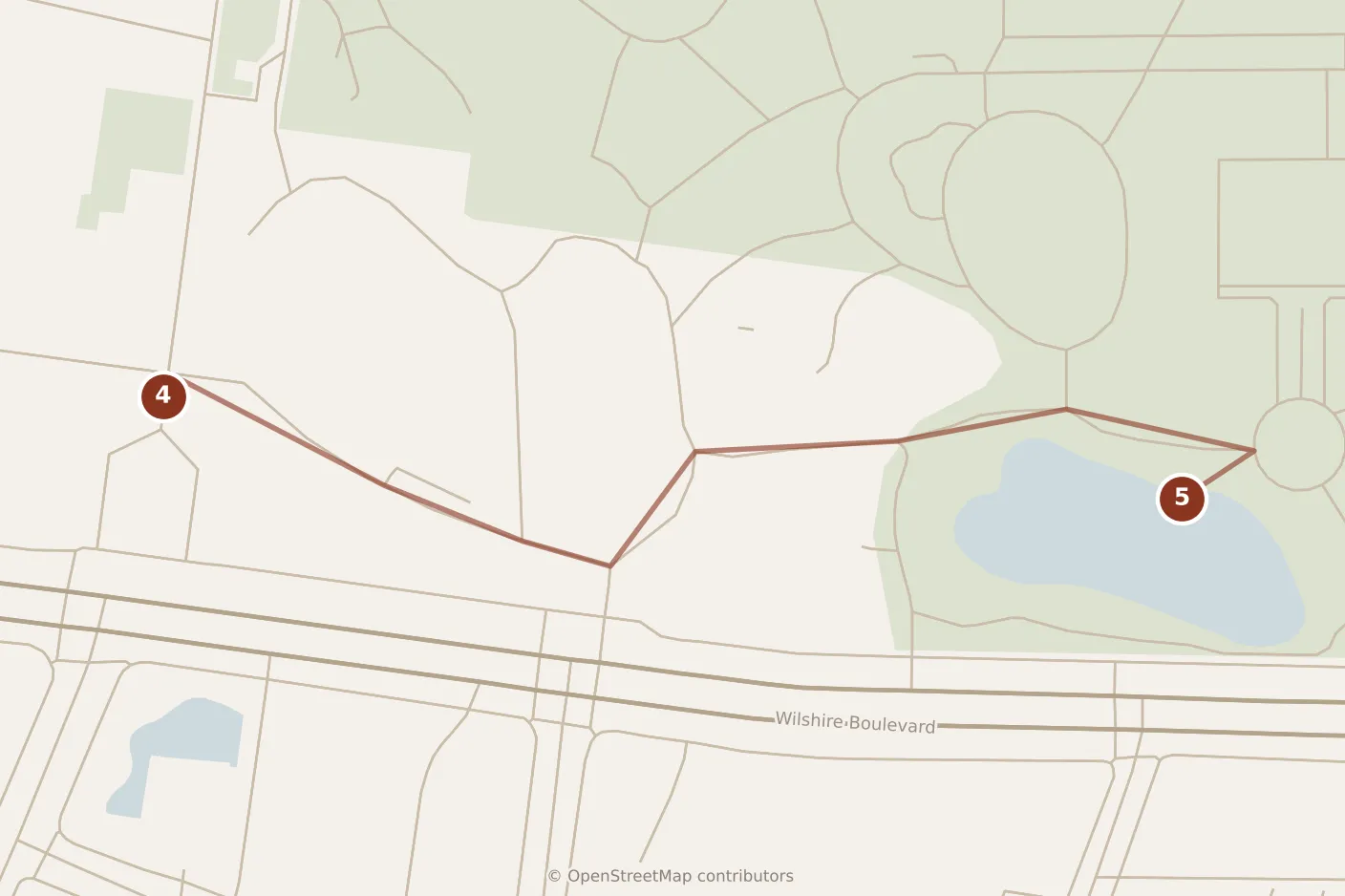 Map of Los Angeles, afternoon: stops 4–5, numbered in walking order.