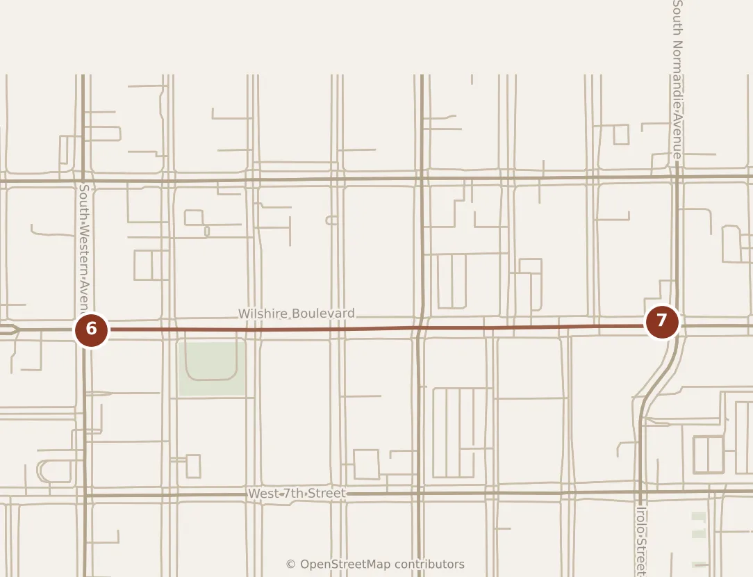 Map of Los Angeles, evening: stops 6–7, numbered in walking order.