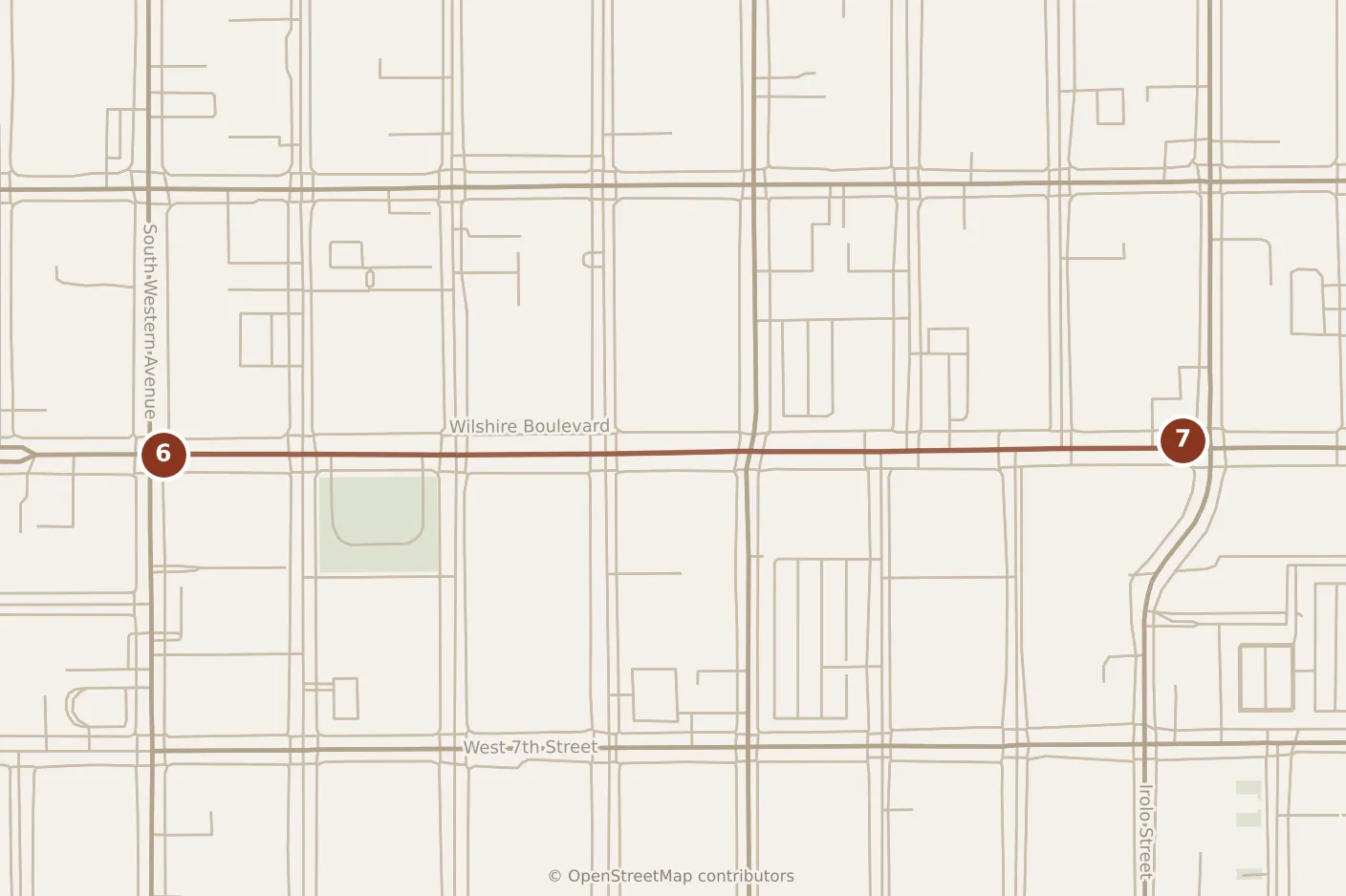 Map of Los Angeles, evening: stops 6–7, numbered in walking order.