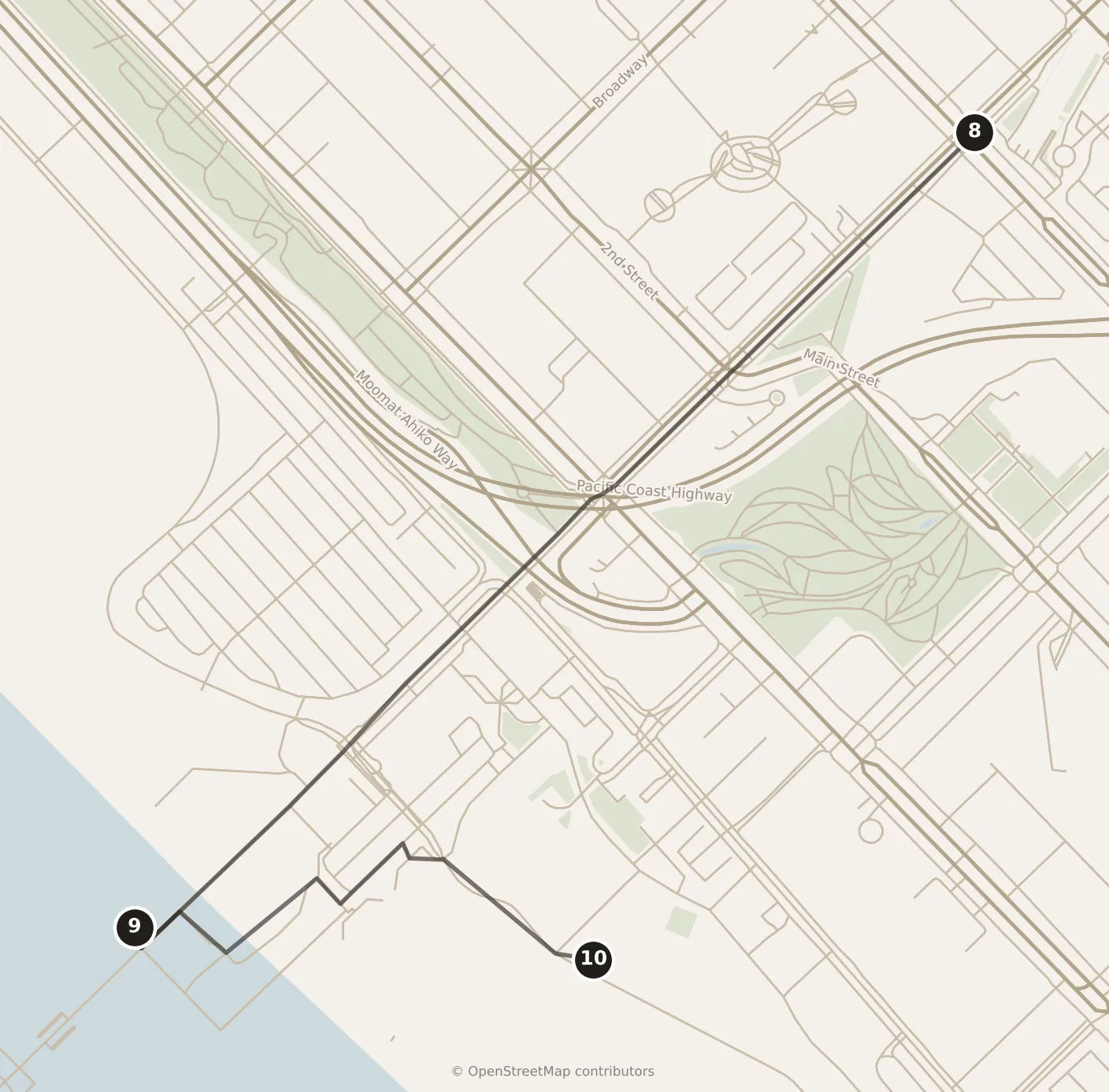 Map of Los Angeles, morning: stops 8–10, numbered in walking order.