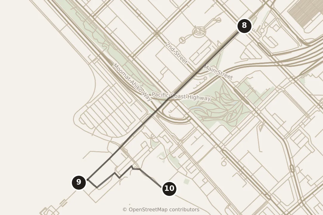Map of Los Angeles, morning: stops 8–10, numbered in walking order.