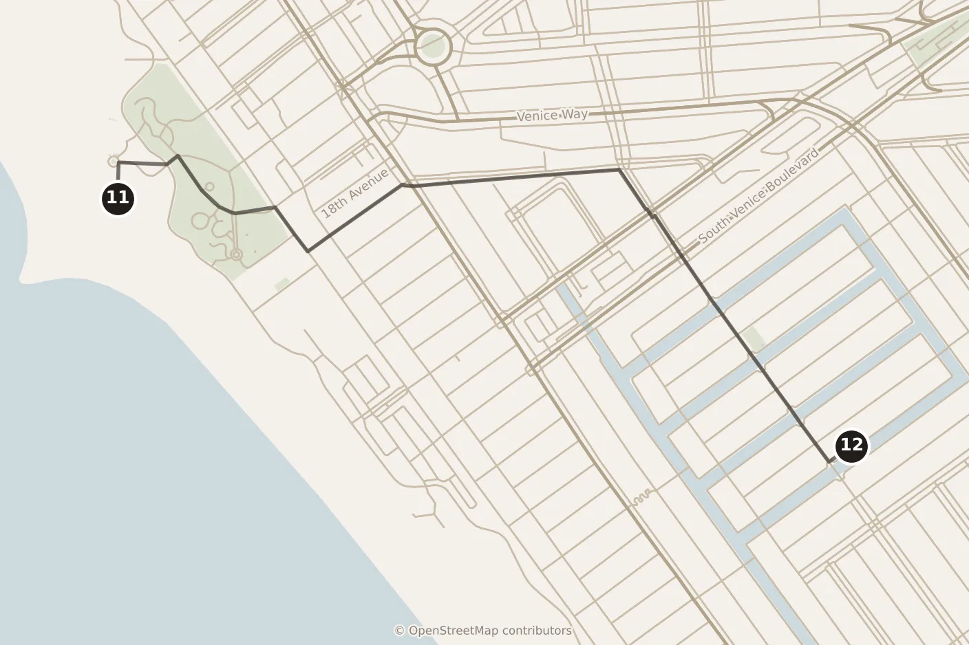 Map of Los Angeles, afternoon: stops 11–12, numbered in walking order.