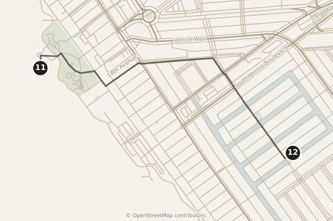 Map of Los Angeles, afternoon: stops 11–12, numbered in walking order.