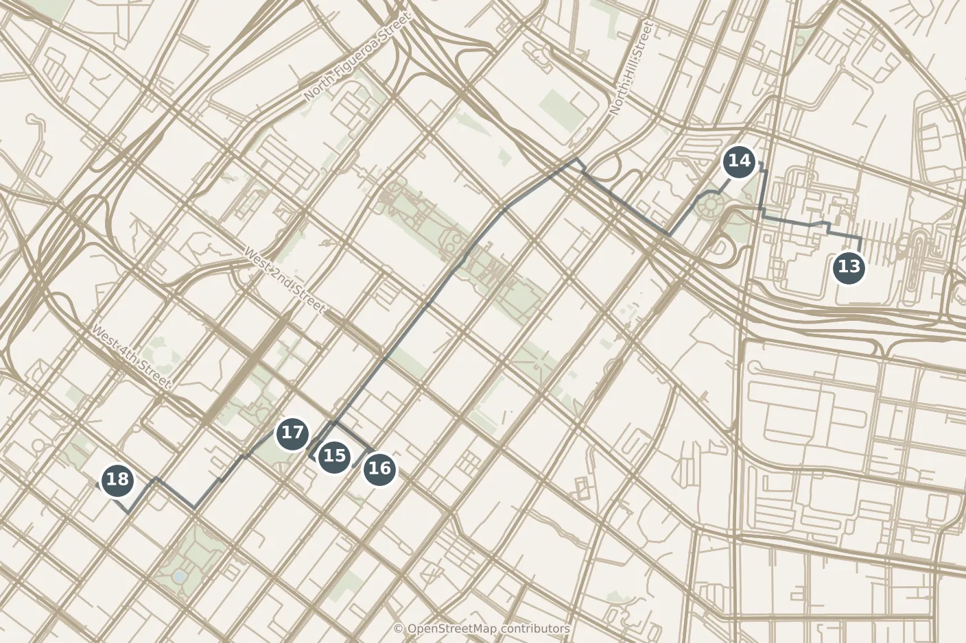 Map of Los Angeles, with a third day · stops 13–18: stops 13–18, numbered in walking order.