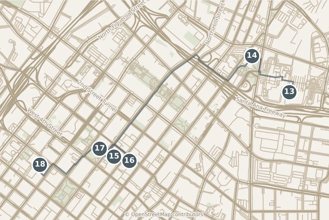Map of Los Angeles, with a third day · stops 13–18: stops 13–18, numbered in walking order.