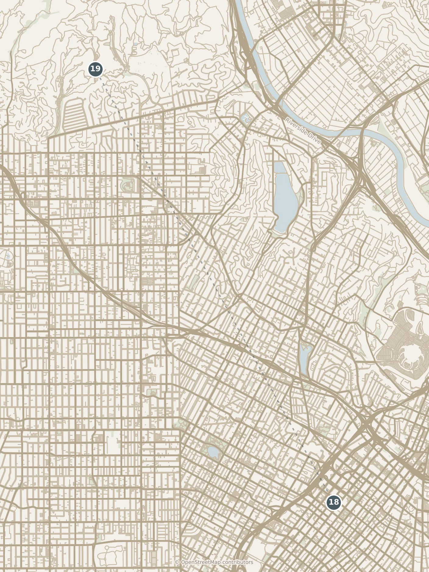 Map of Los Angeles, with a third day · stop 19: stop 19, numbered in walking order.