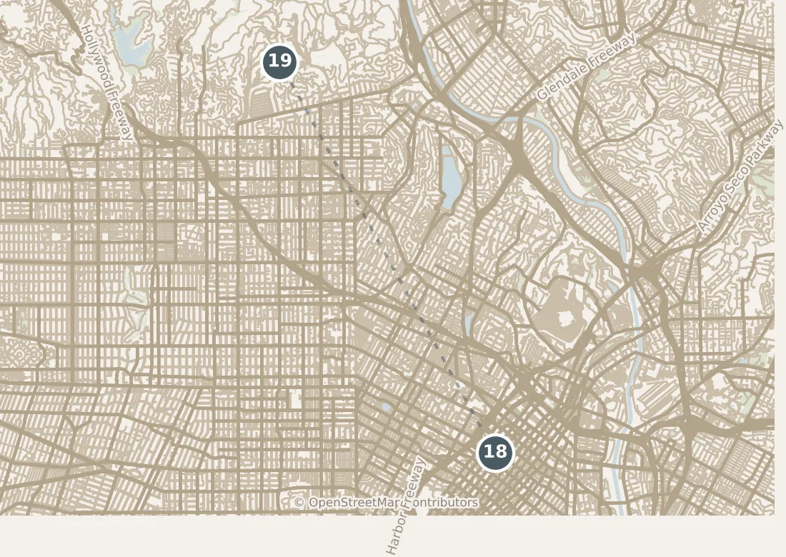 Map of Los Angeles, with a third day · stop 19: stop 19, numbered in walking order.
