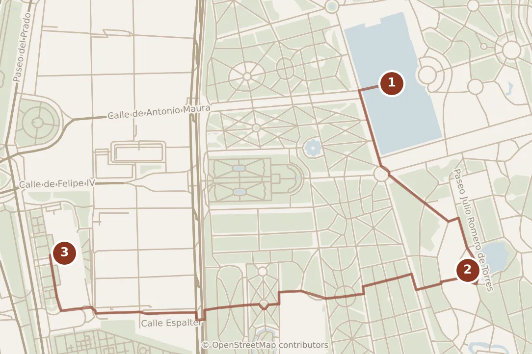 Map of Madrid, morning: stops 1–3, numbered in walking order.