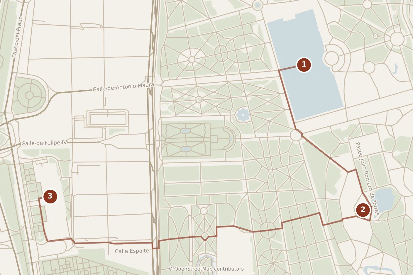 Map of Madrid, morning: stops 1–3, numbered in walking order.