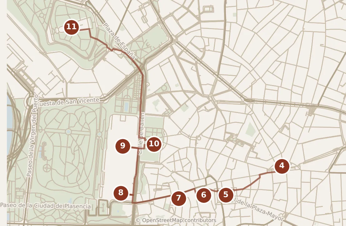 Map of Madrid, afternoon and evening: stops 4–11, numbered in walking order.