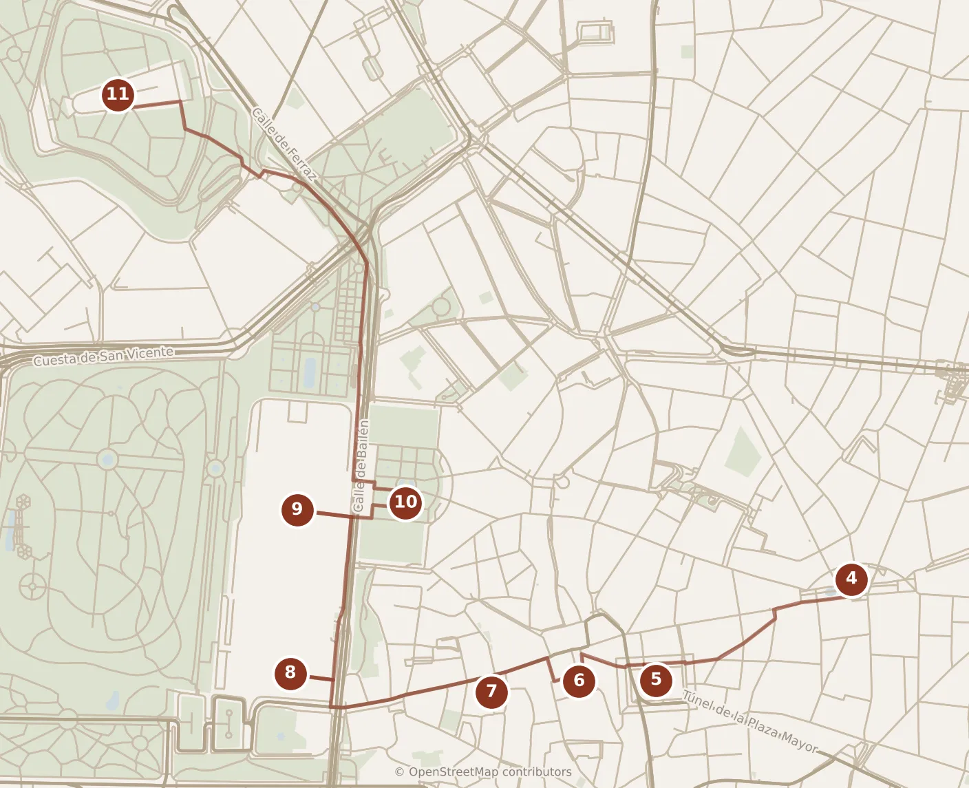 Map of Madrid, afternoon and evening: stops 4–11, numbered in walking order.