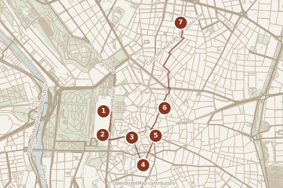 Map of Madrid, day one: stops 1–7, numbered in walking order.
