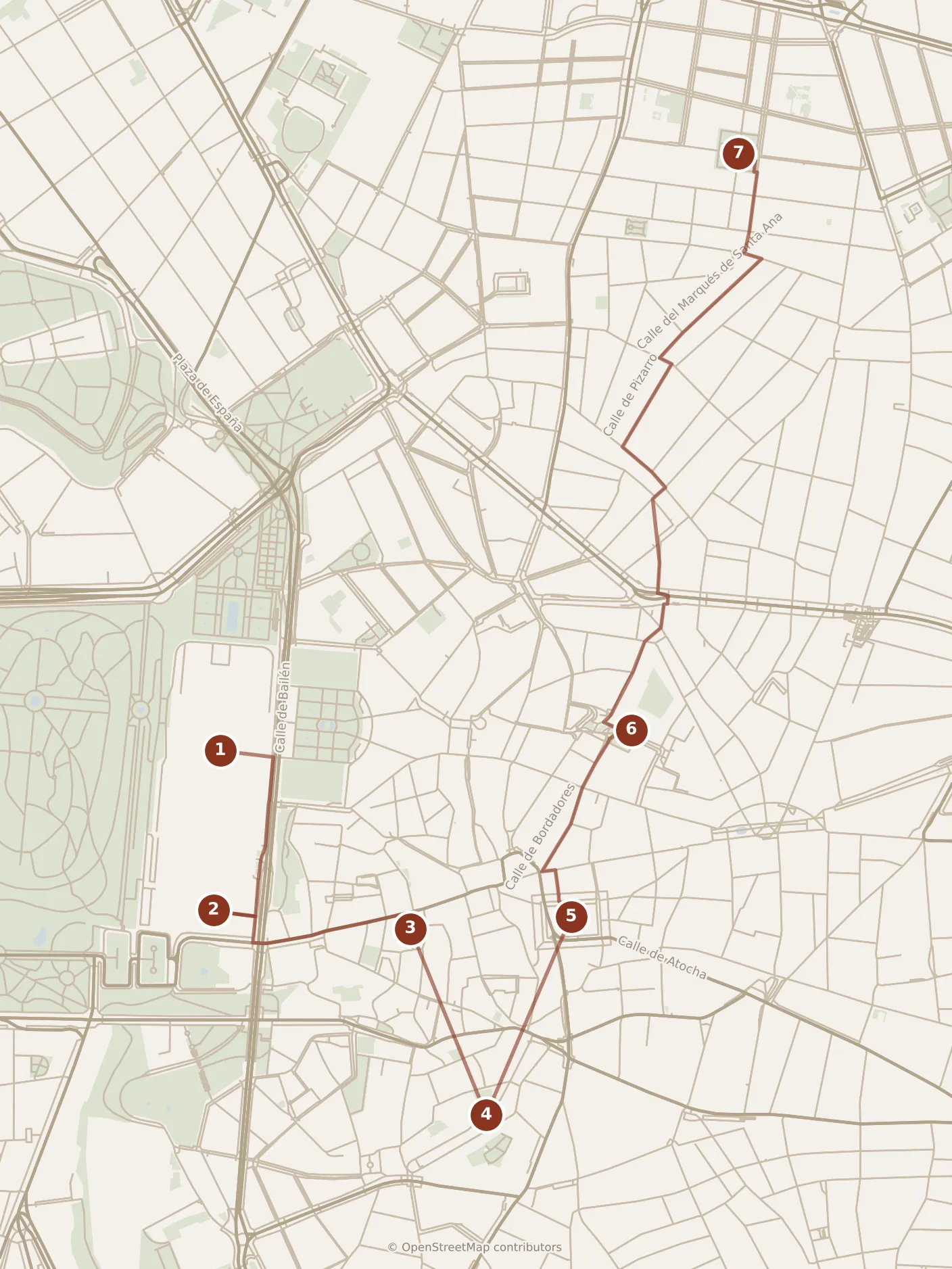 Map of Madrid, day one: stops 1–7, numbered in walking order.