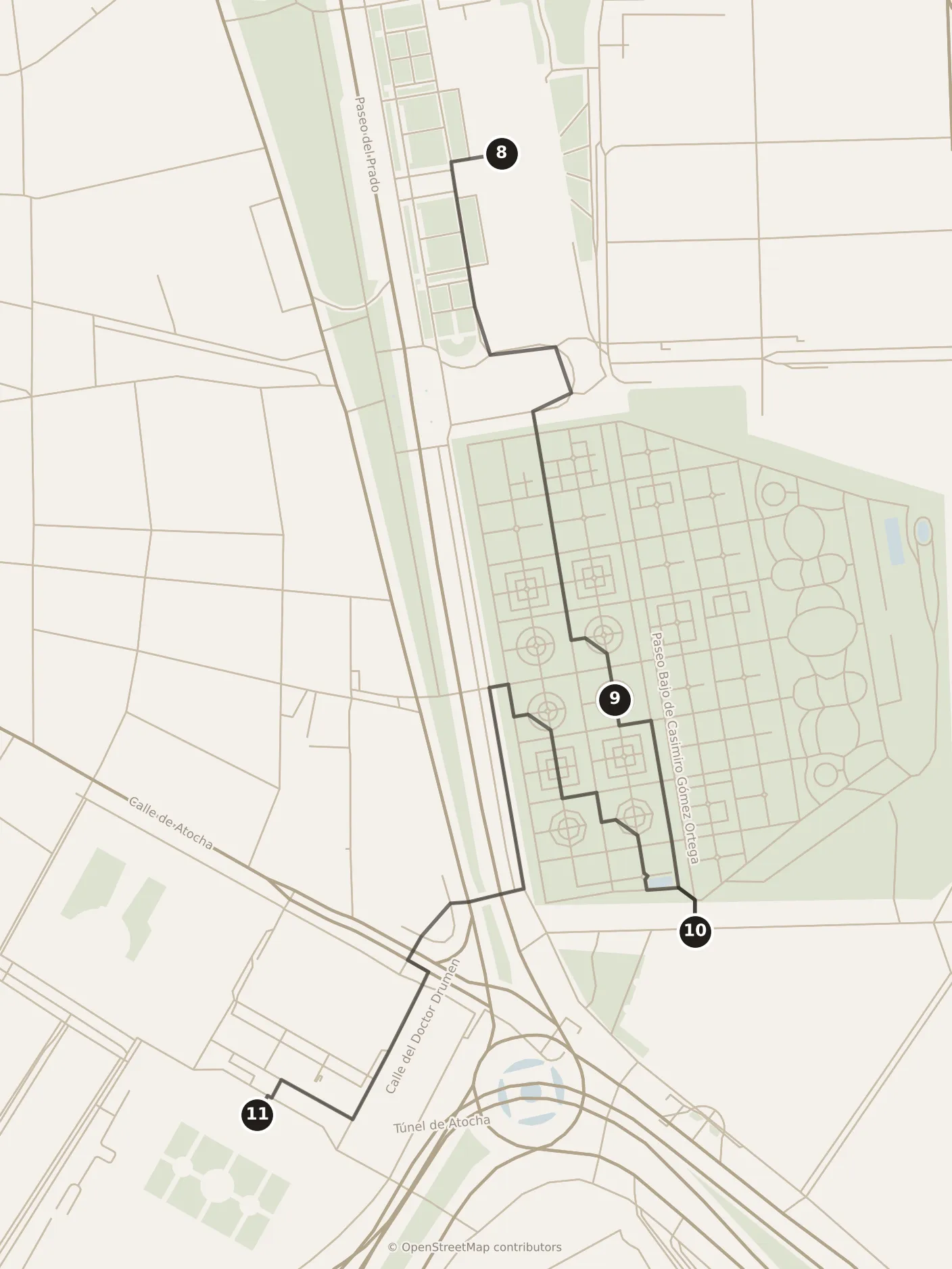 Map of Madrid, morning and afternoon: stops 8–11, numbered in walking order.
