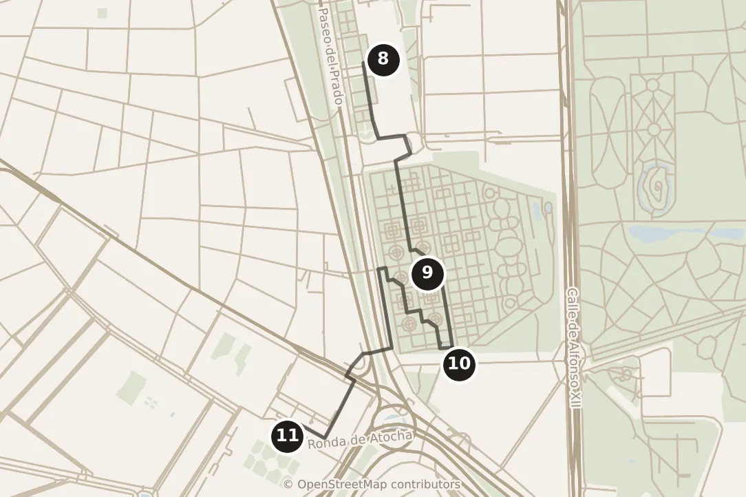 Map of Madrid, morning and afternoon: stops 8–11, numbered in walking order.