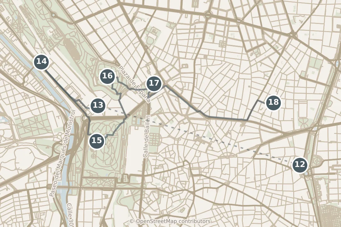 Map of Madrid, with a third day: stops 12–18, numbered in walking order.