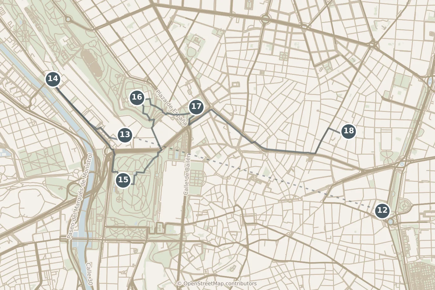 Map of Madrid, with a third day: stops 12–18, numbered in walking order.