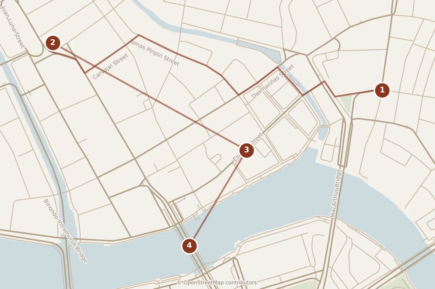 Map of Manila, morning: stops 1–4, numbered in walking order.