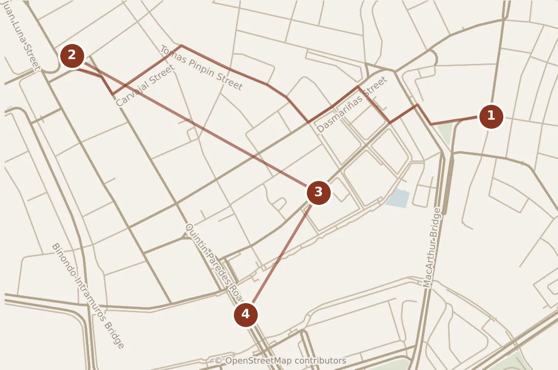 Map of Manila, morning: stops 1–4, numbered in walking order.