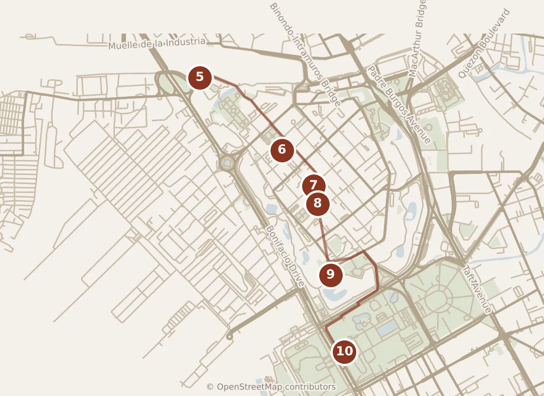 Map of Manila, afternoon: stops 5–10, numbered in walking order.