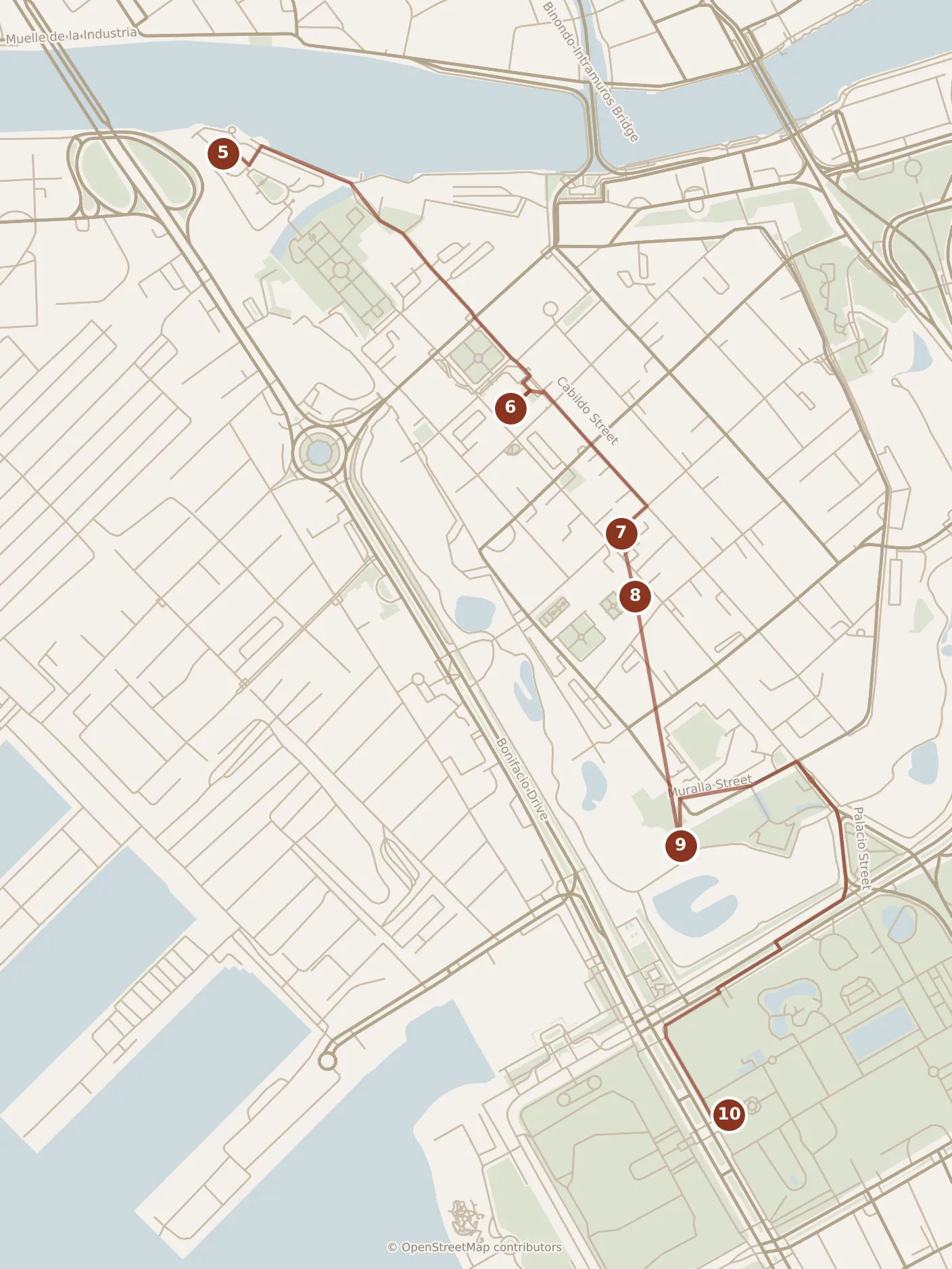 Map of Manila, afternoon: stops 5–10, numbered in walking order.