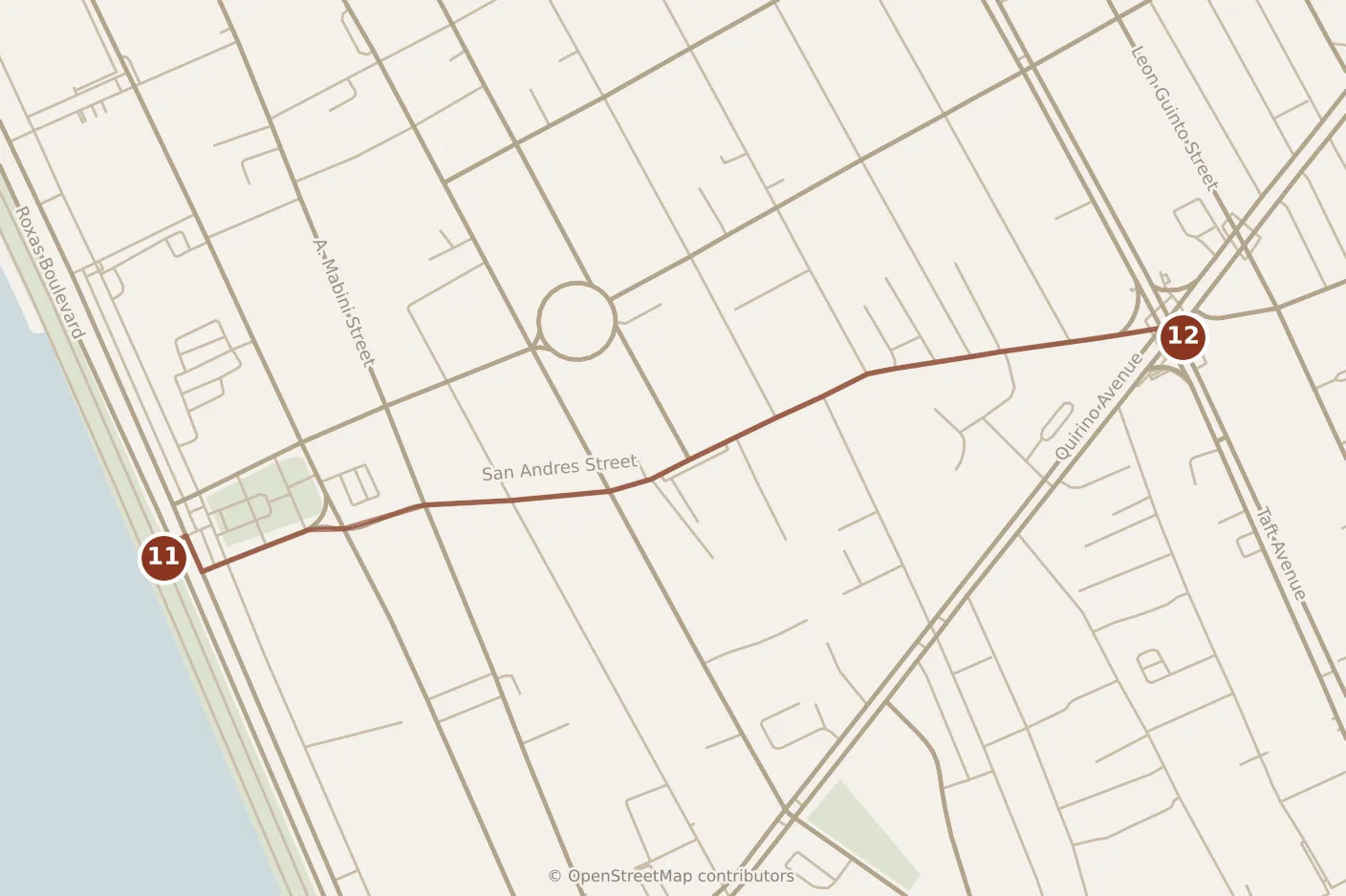 Map of Manila, evening: stops 11–12, numbered in walking order.
