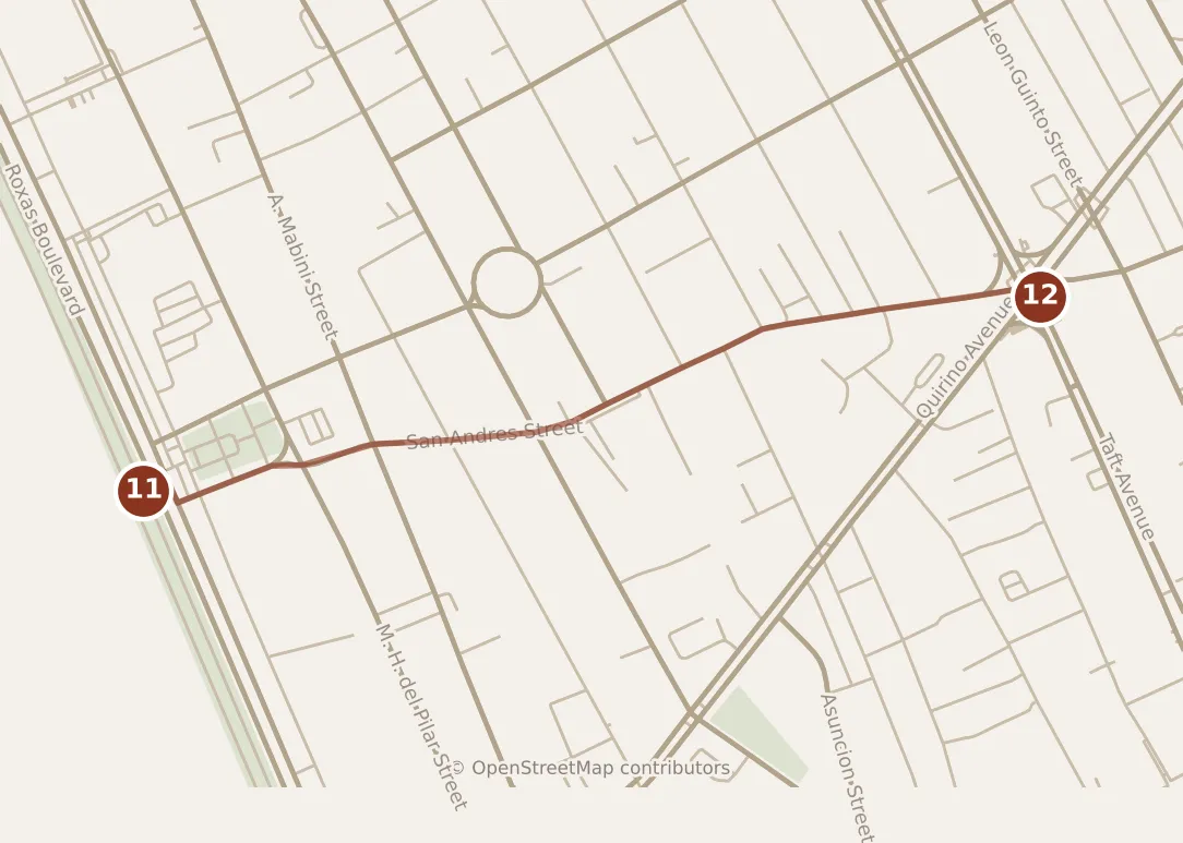 Map of Manila, evening: stops 11–12, numbered in walking order.