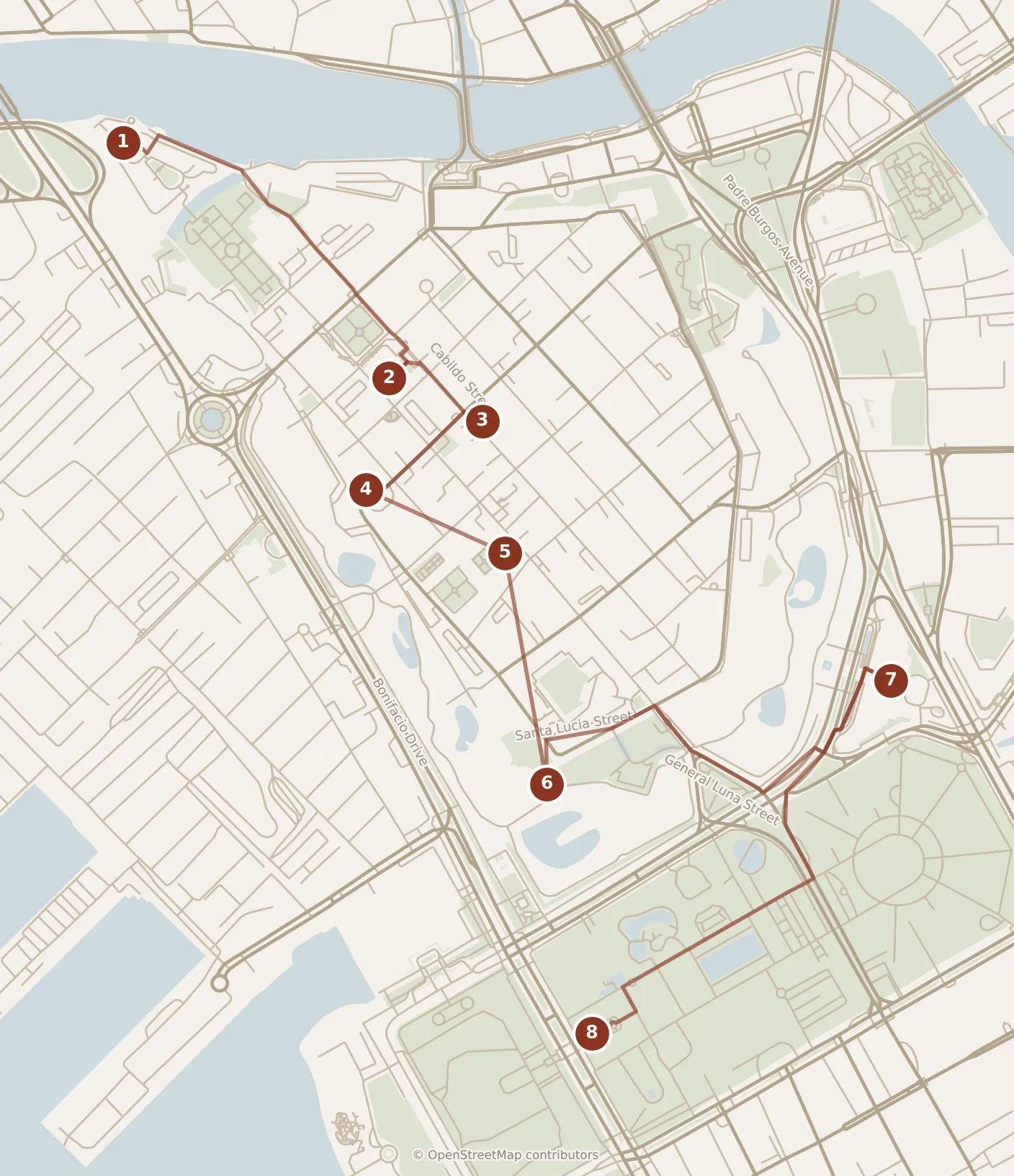 Map of Manila, day one: stops 1–8, numbered in walking order.