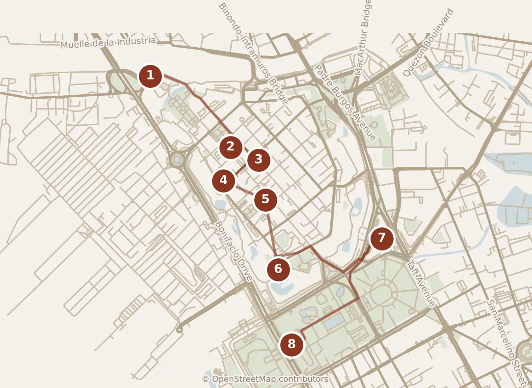 Map of Manila, day one: stops 1–8, numbered in walking order.