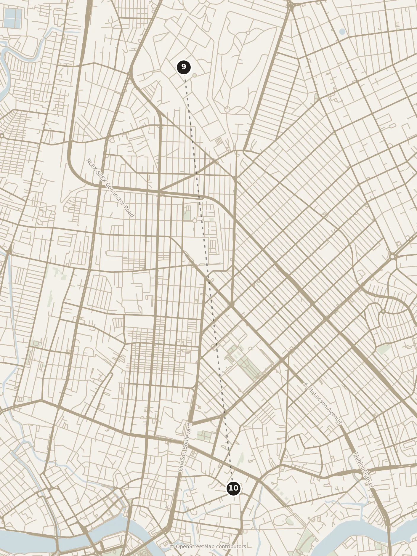 Map of Manila, morning: stops 9–10, numbered in walking order.