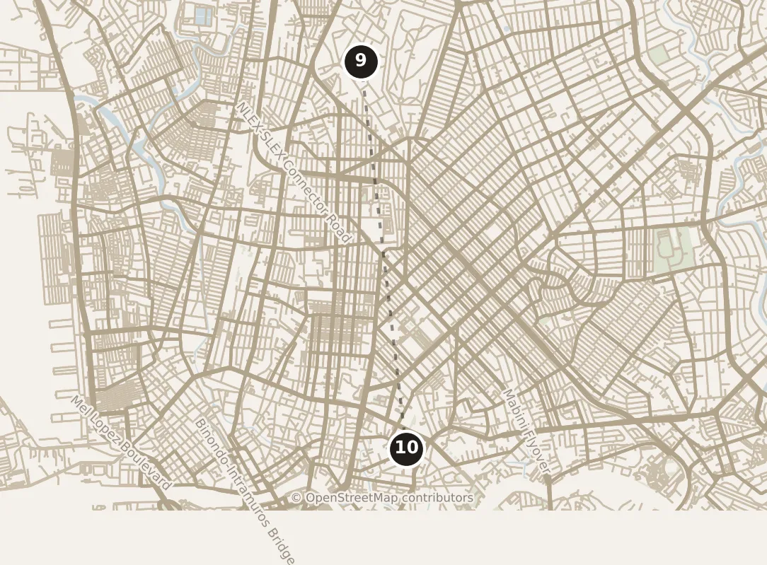 Map of Manila, morning: stops 9–10, numbered in walking order.