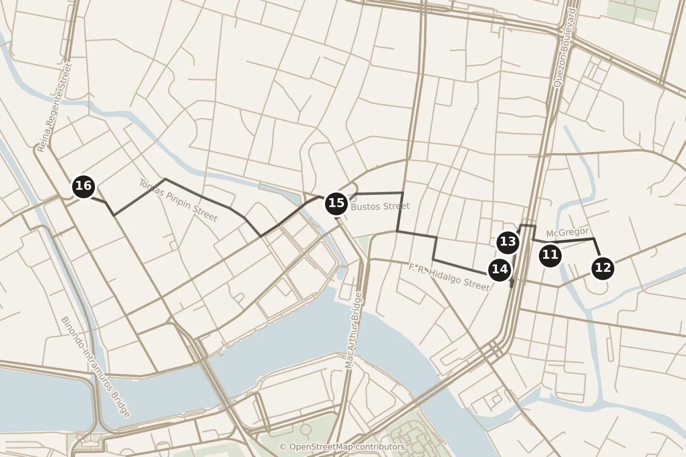 Map of Manila, afternoon and evening: stops 11–16, numbered in walking order.