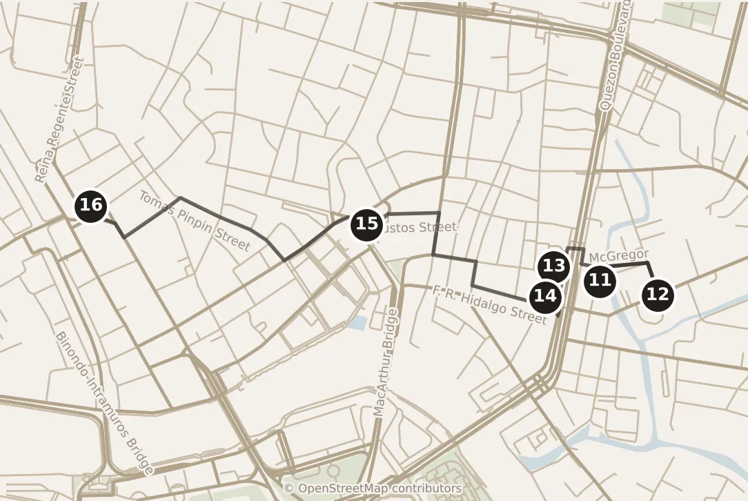 Map of Manila, afternoon and evening: stops 11–16, numbered in walking order.