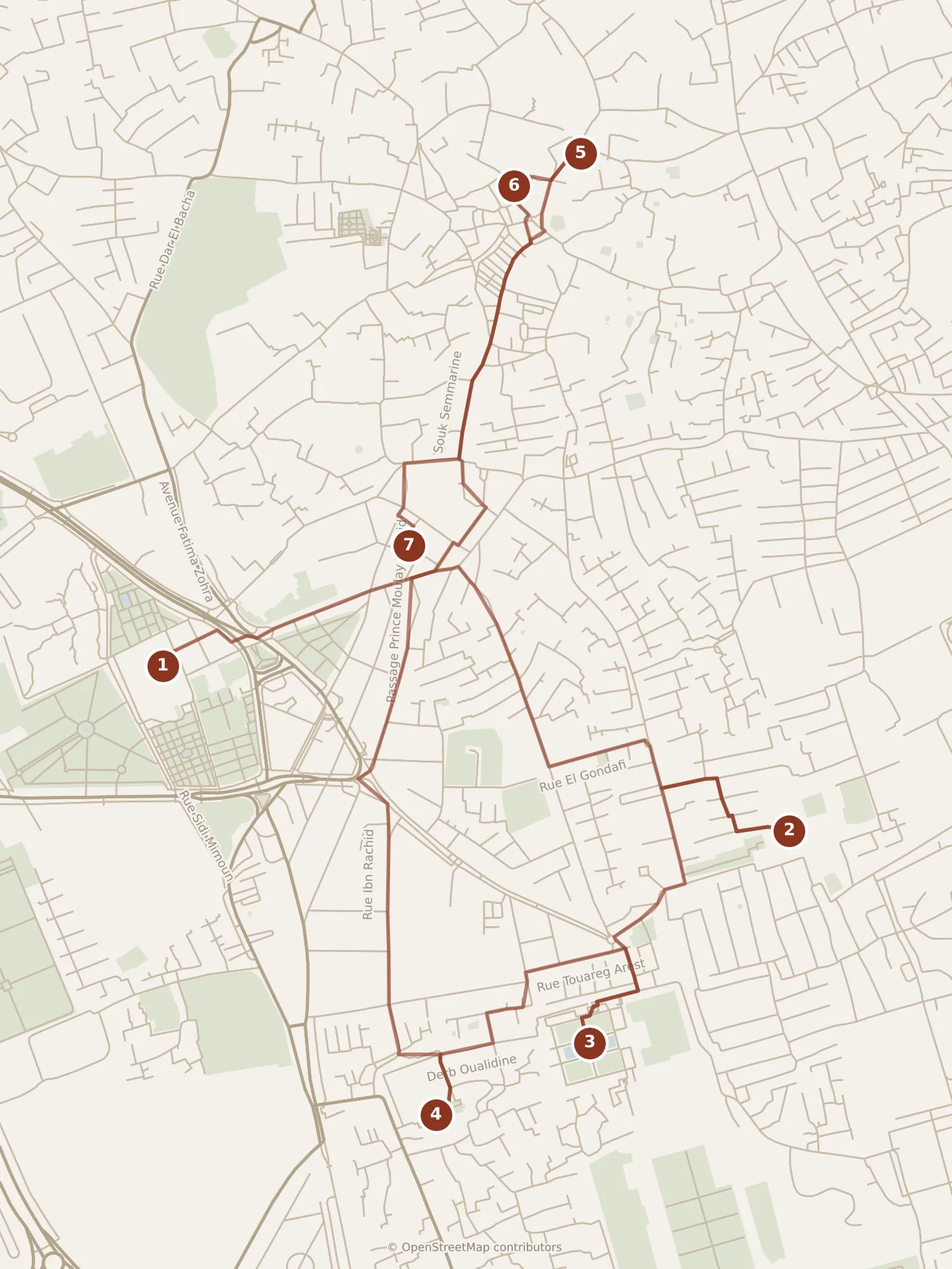 Map of Marrakesh, the day: stops 1–7, numbered in walking order.
