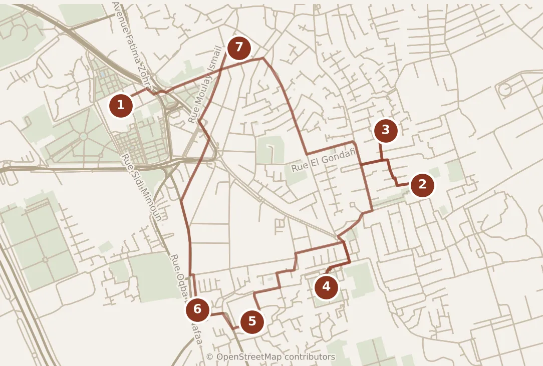 Map of Marrakesh, day one: stops 1–7, numbered in walking order.