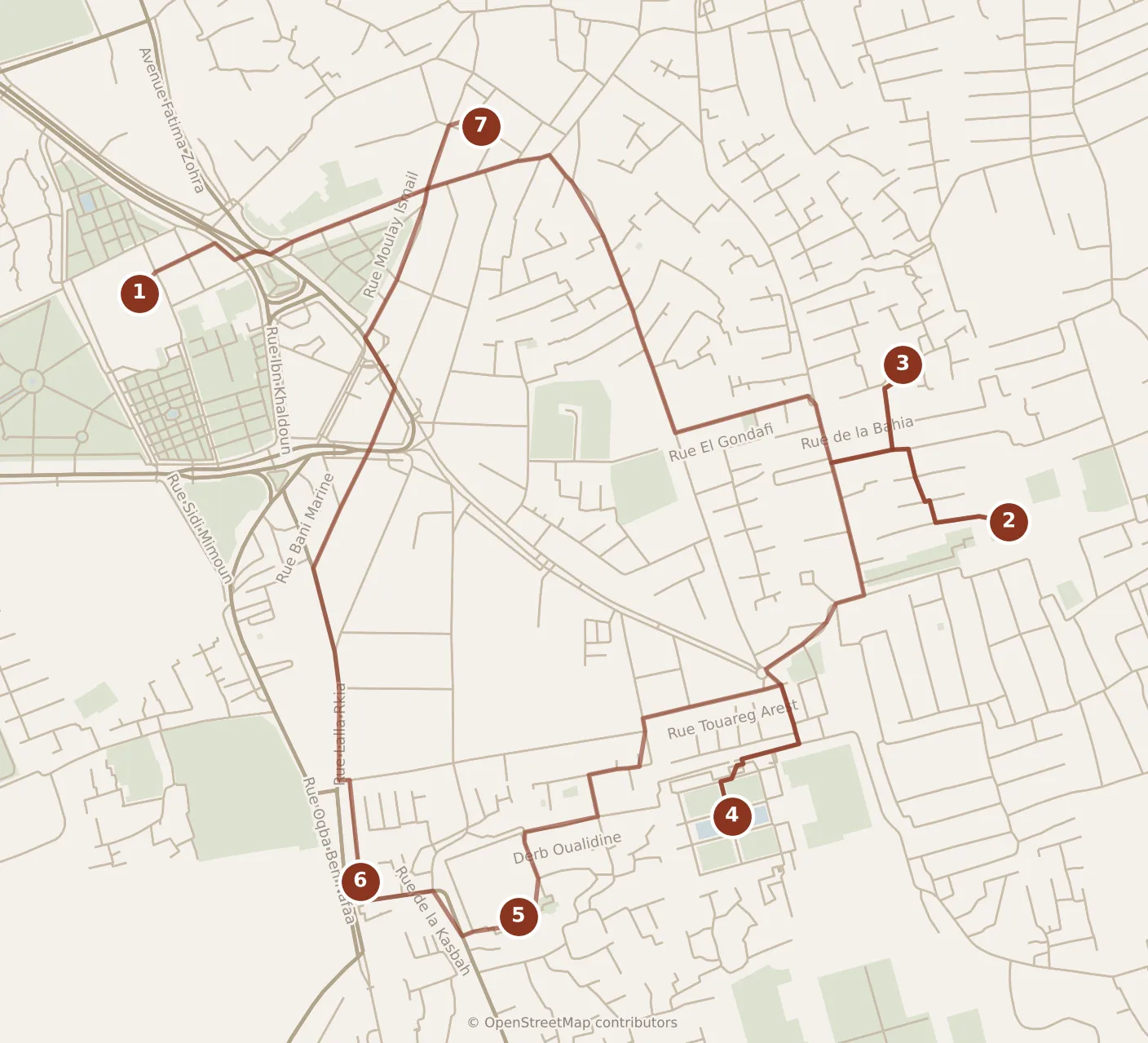 Map of Marrakesh, day one: stops 1–7, numbered in walking order.