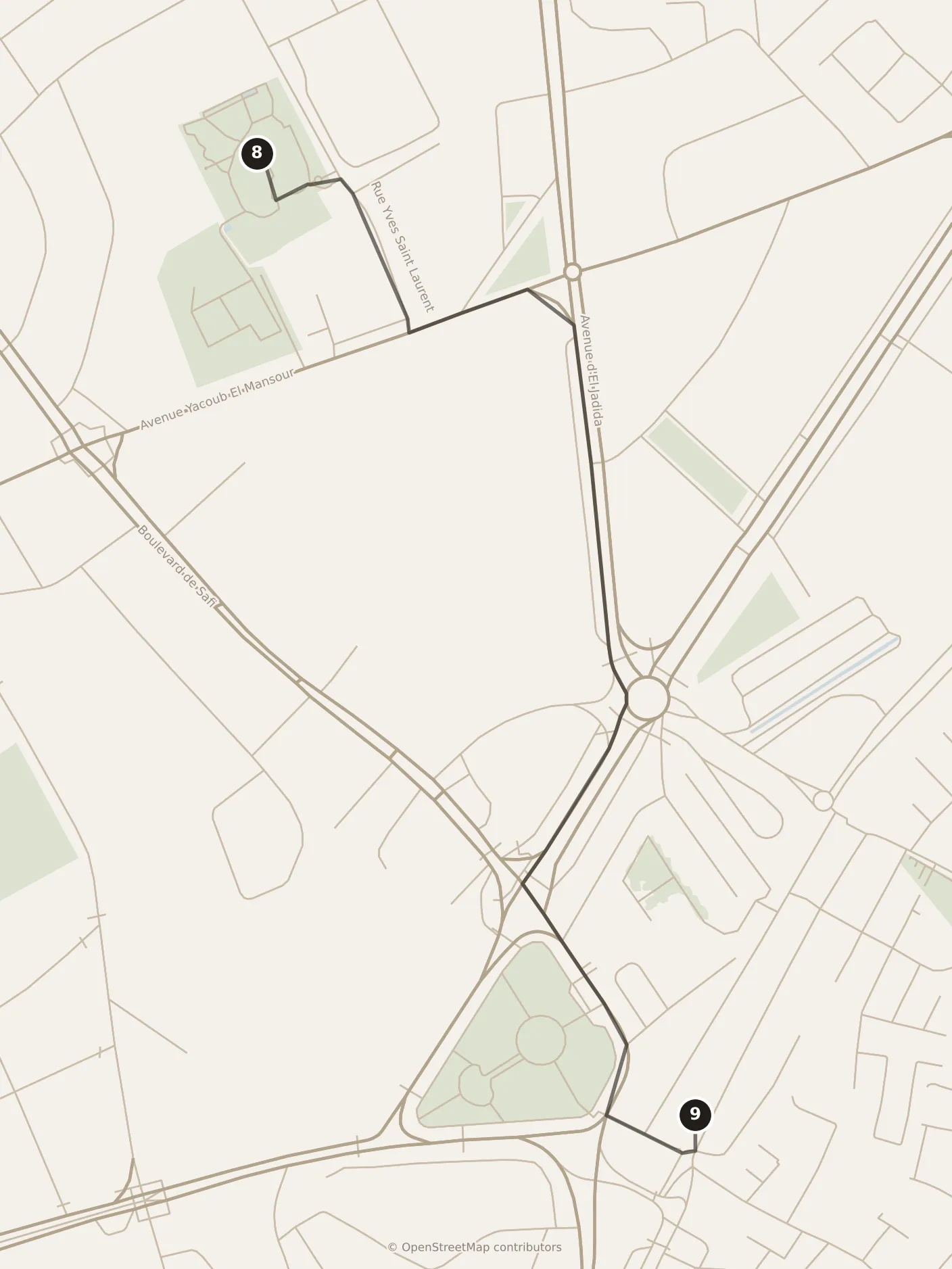 Map of Marrakesh, morning: stops 8–9, numbered in walking order.