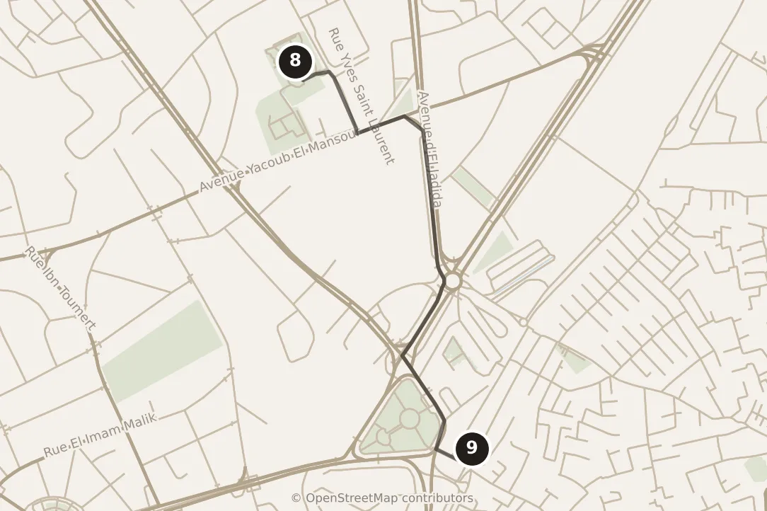 Map of Marrakesh, morning: stops 8–9, numbered in walking order.