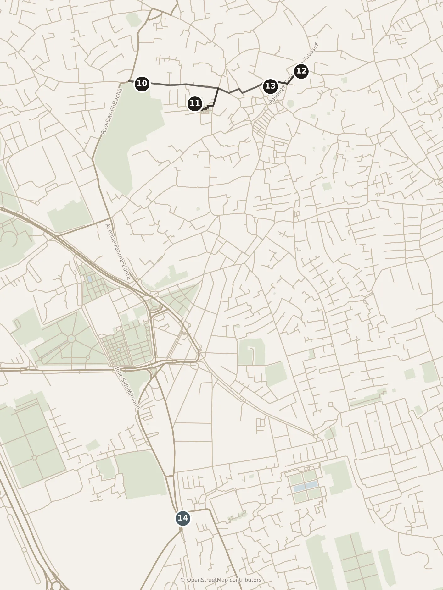 Map of Marrakesh, day two and with a third day: stops 10–14, numbered in walking order.