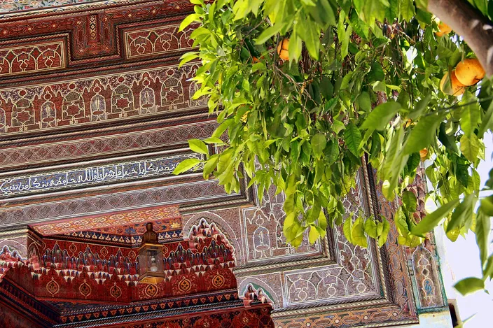 Looking up at a riad courtyard wall in the Bahia Palace: carved and painted cedar panels, a band of Arabic calligraphy and intricate stucco, with an orange tree in fruit leaning into the frame
