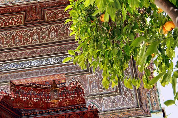 Looking up at a riad courtyard wall in the Bahia Palace: carved and painted cedar panels, a band of Arabic calligraphy and intricate stucco, with an orange tree in fruit leaning into the frame