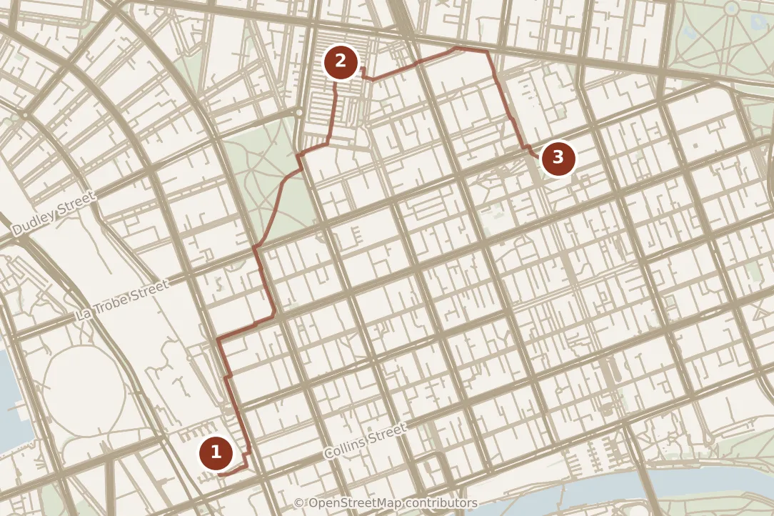 Map of Melbourne, morning: stops 1–3, numbered in walking order.