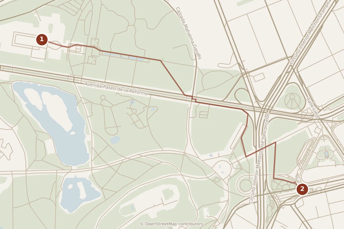Map of Mexico City, morning: stops 1–2, numbered in walking order.