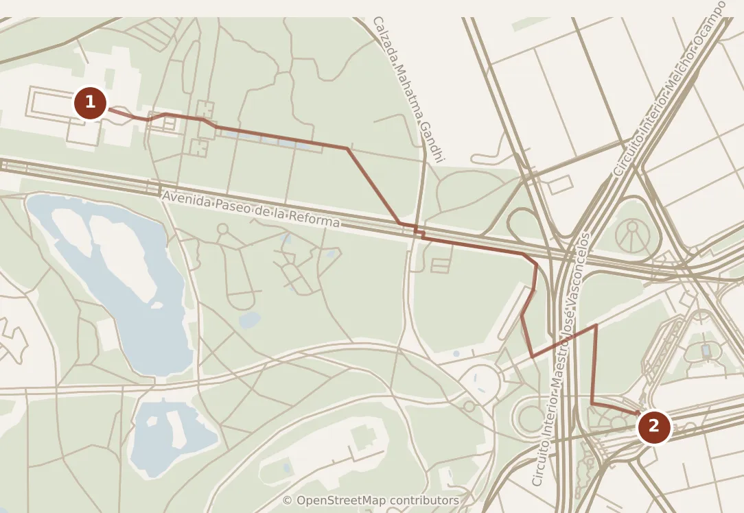 Map of Mexico City, morning: stops 1–2, numbered in walking order.