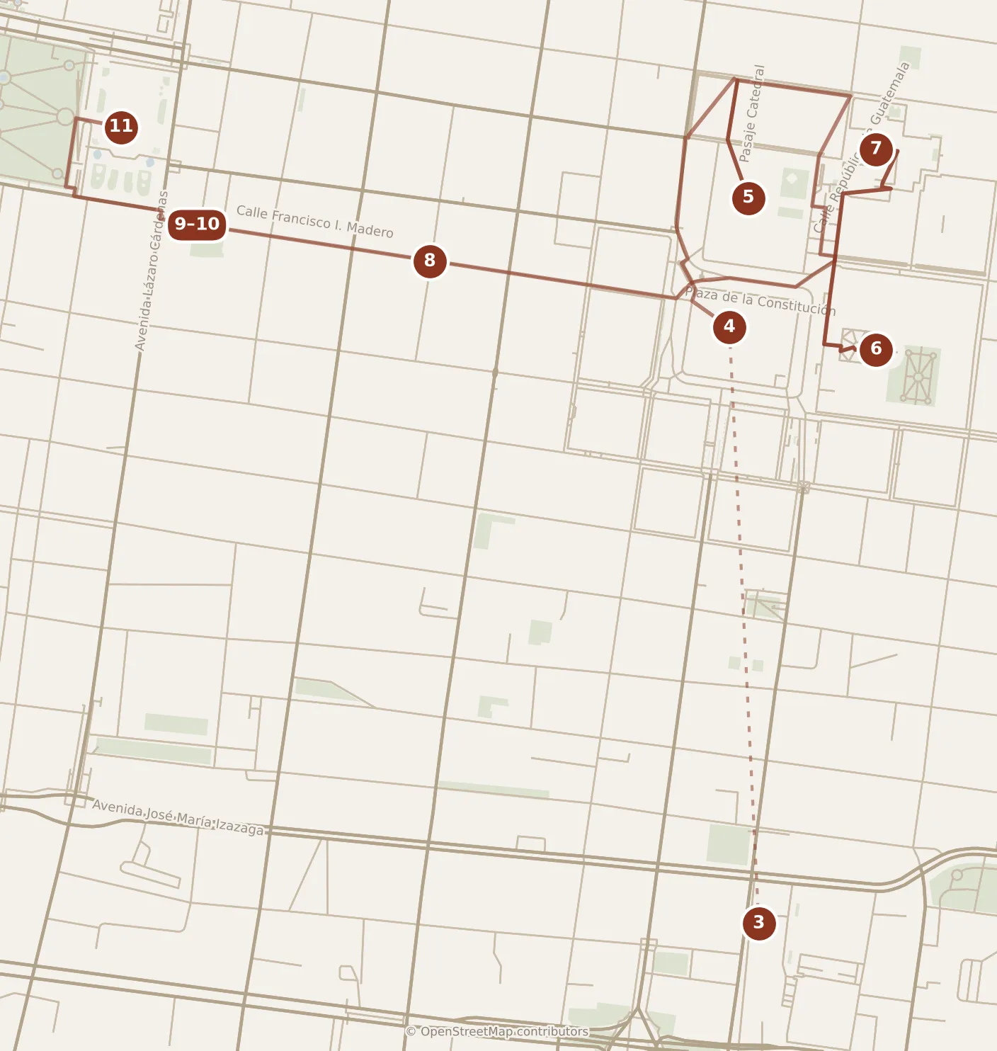 Map of Mexico City, afternoon and evening: stops 3–11, numbered in walking order.