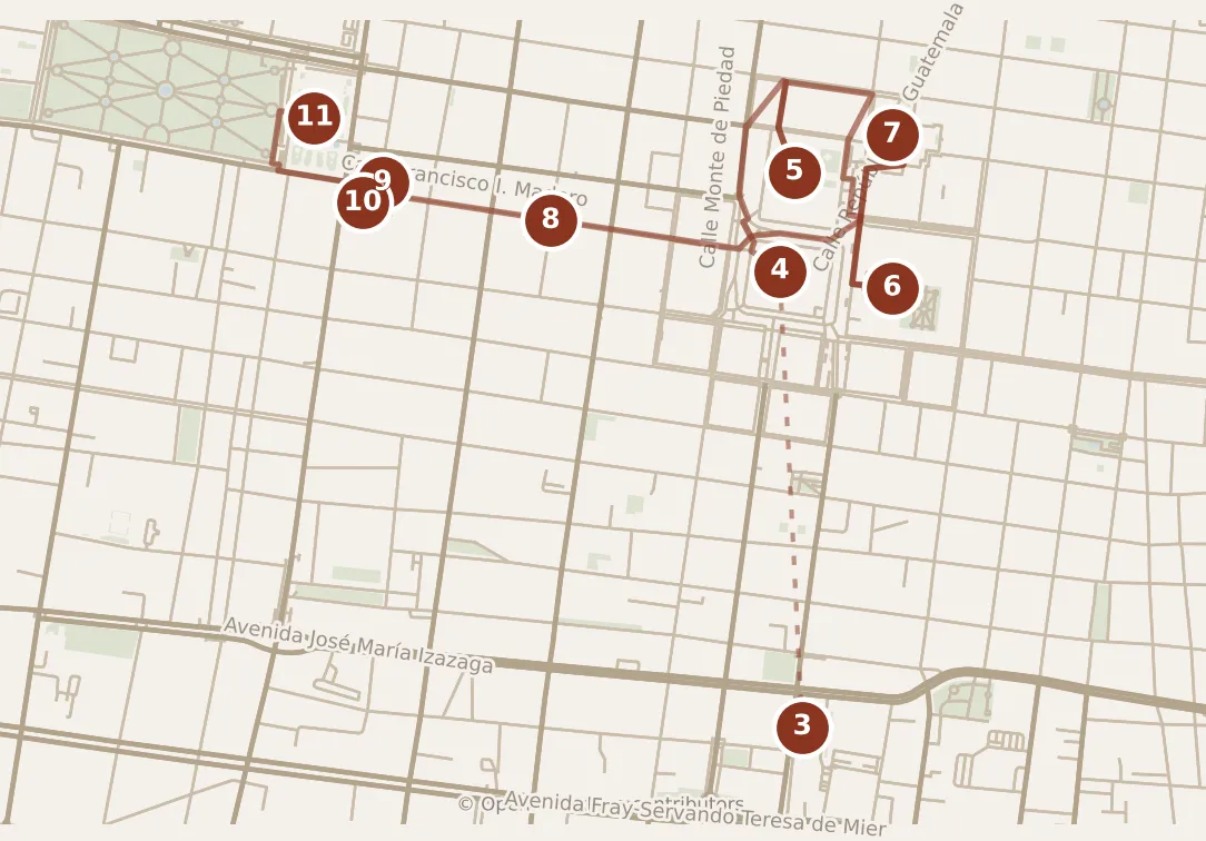 Map of Mexico City, afternoon and evening: stops 3–11, numbered in walking order.