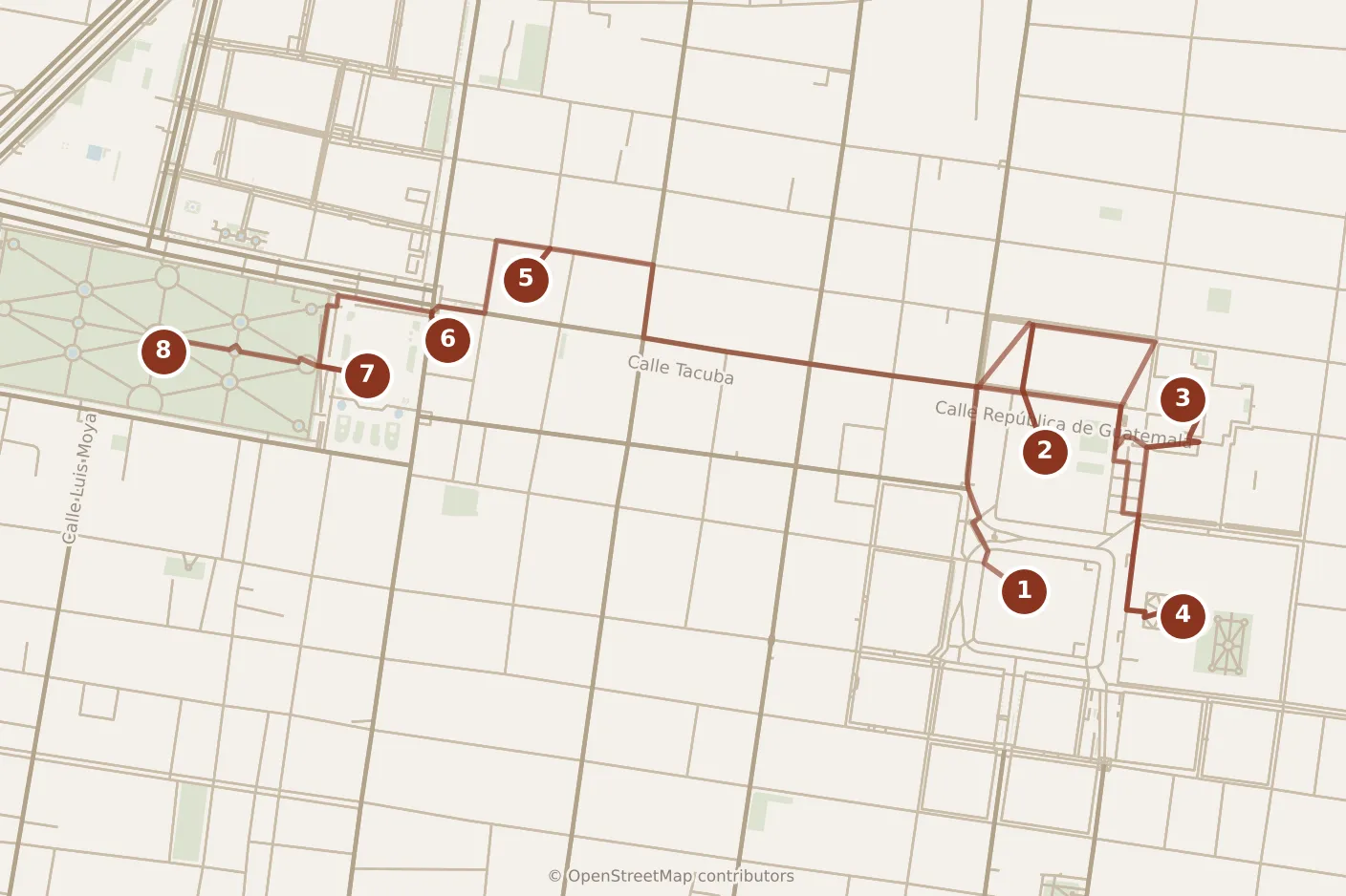 Map of Mexico City, day one: stops 1–8, numbered in walking order.