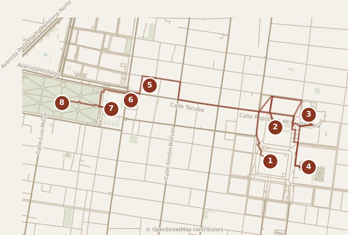 Map of Mexico City, day one: stops 1–8, numbered in walking order.