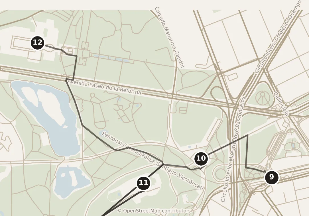 Map of Mexico City, morning and afternoon: stops 9–12, numbered in walking order.