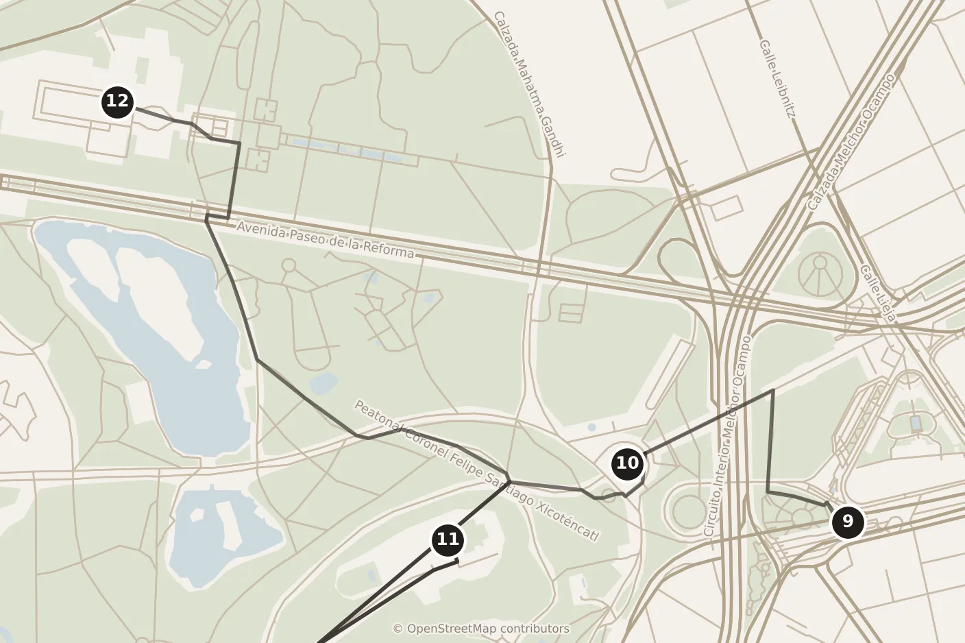 Map of Mexico City, morning and afternoon: stops 9–12, numbered in walking order.